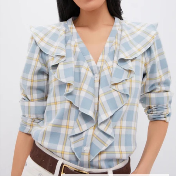 Tuckernuck Tops - NWT - Tuckernuck Blue Plaid V-Neck Ruffle Eileen Button Down